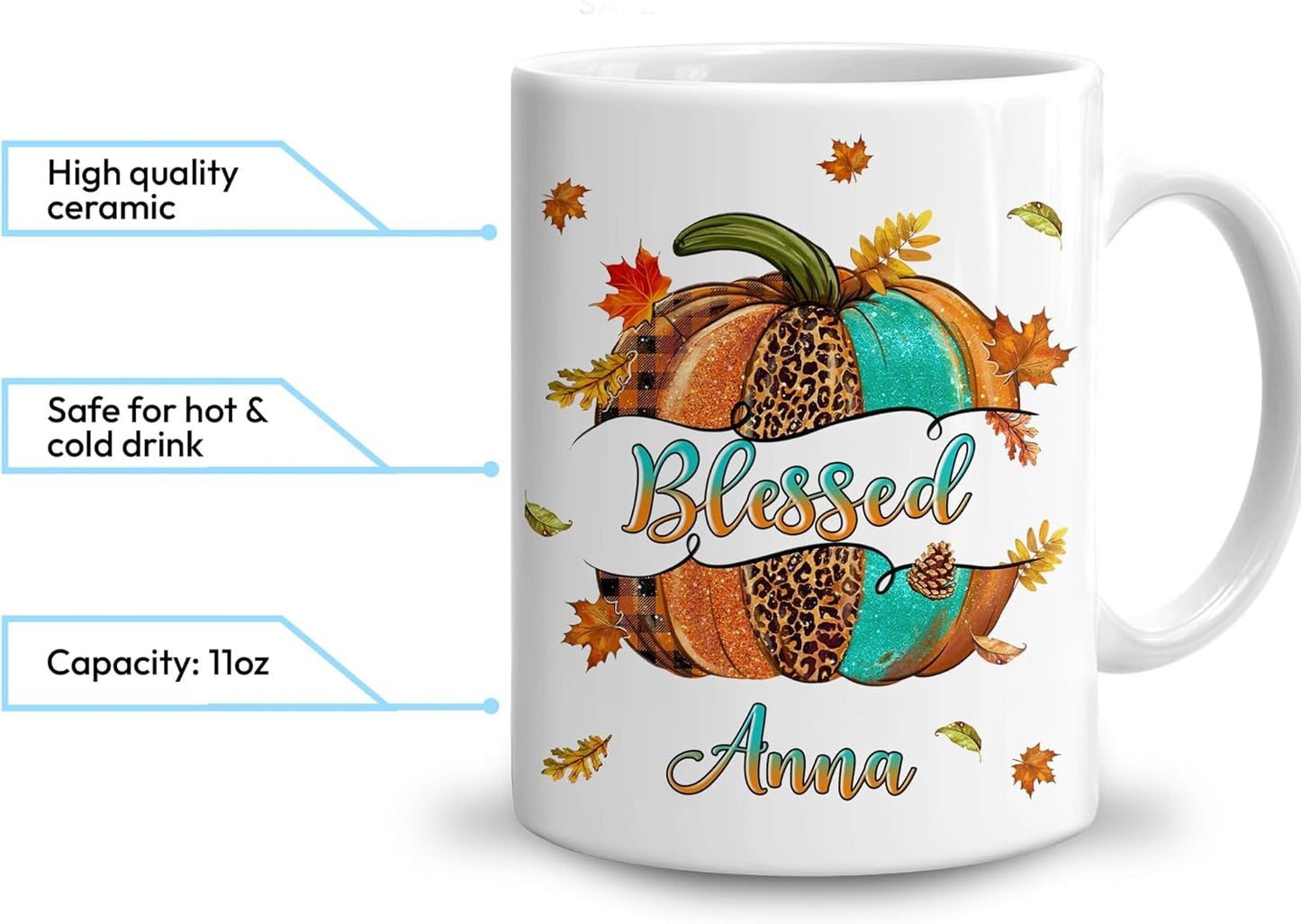 Hyturtle Personalized Fall Autumn Mug Gifts - Pumpkin Blessed - Custom Name Coffee Cup Ceramic Mug 11oz 15oz - Autumn Gifts - Fall Thanksgiving Decor Gift - Birthday Christmas