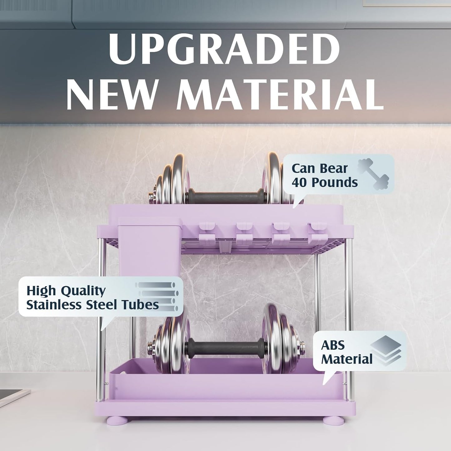 Under Sink Organizer - 2 Pack Adjustable Height, 2 Tier Organizers for Bathroom & Kitchen Sink, Purple