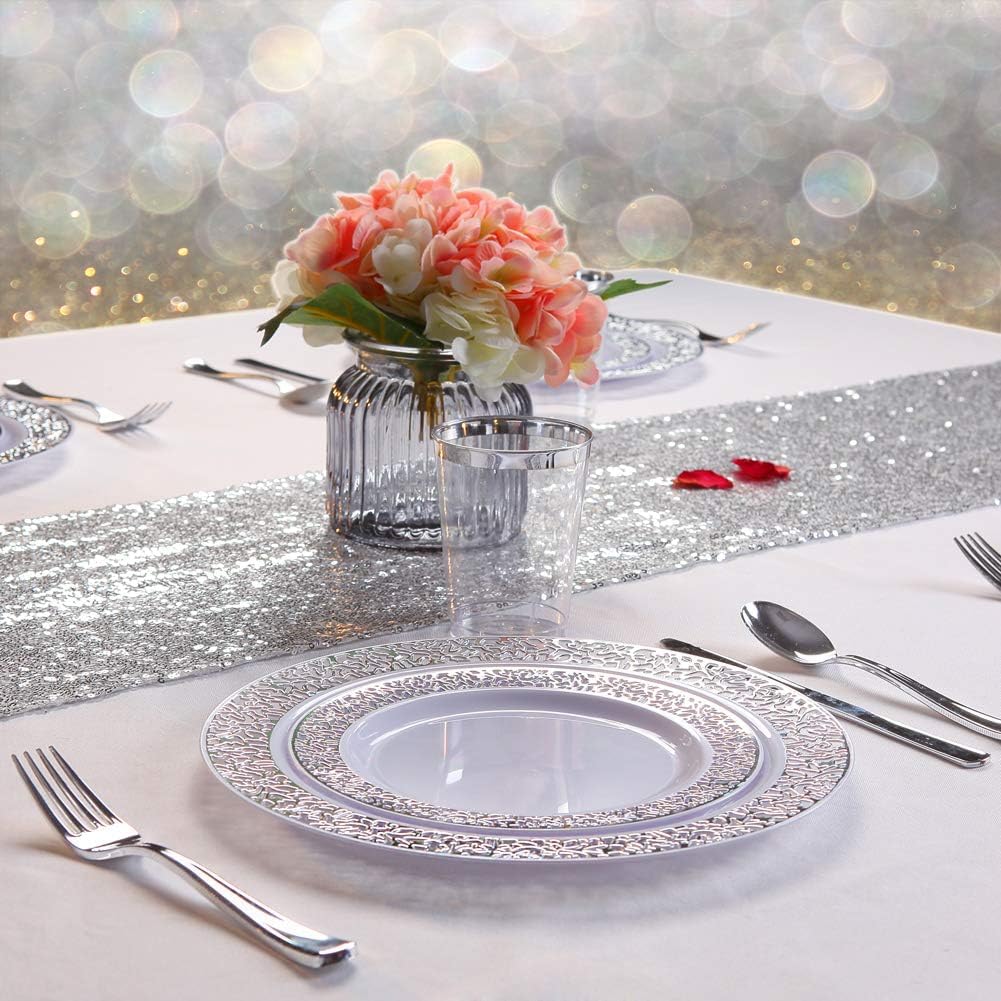 WDF 25Guest Silver Plastic Plates with Disposable Plastic Silverware &Silver Rim Cups- Include 25 Dinner Plates, 25 Salad Plates,25 Forks, 25 Knives, 25 Spoons&25 Cups for Christmas
