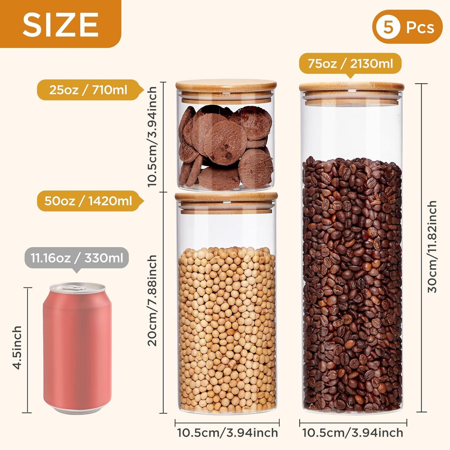 Glass Food Storage Jars with Lids[Set of 5], Perfect for Pasta, Cookies, Nuts, Coffee, Cereal, Flour, and More, Organize Your Kitchen and Pantry with these BPA-Free Glass Canisters