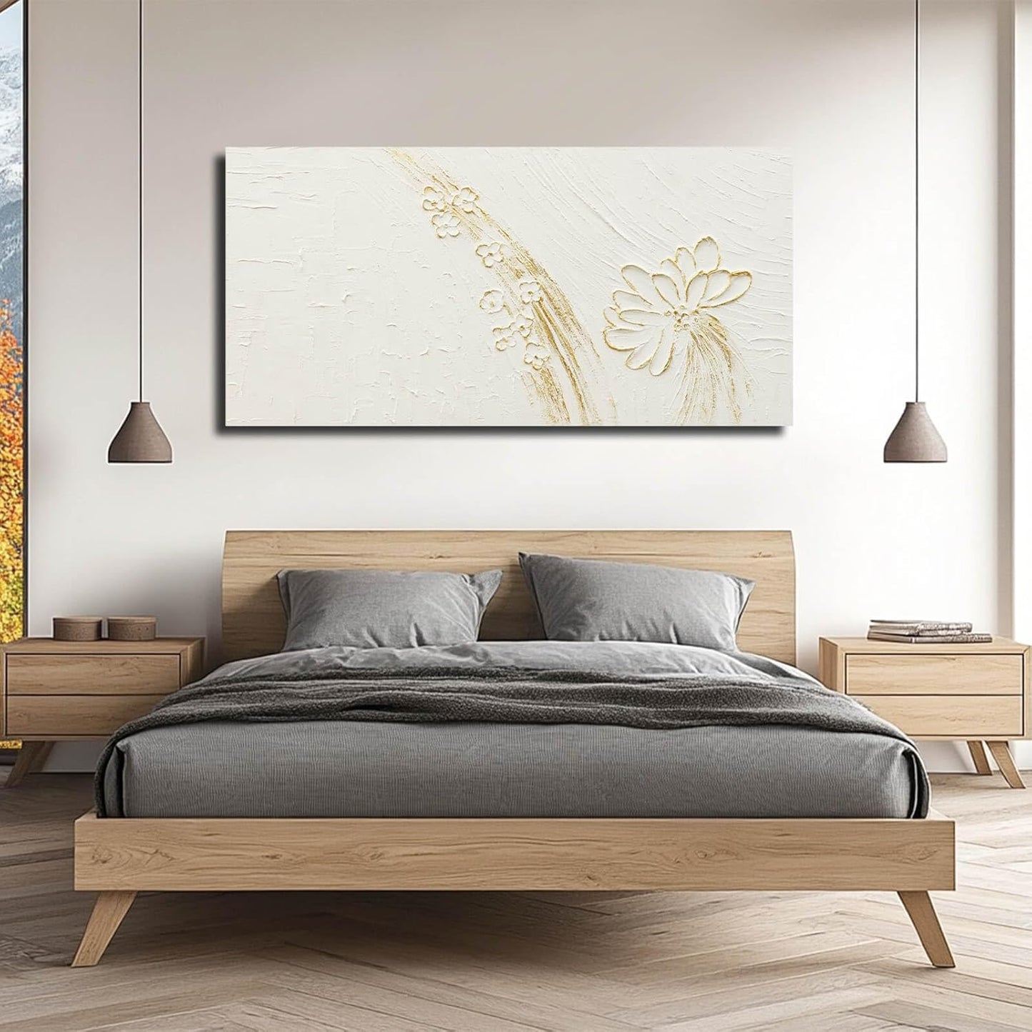VAYIMDH Office Wall Art Flower Wall Decor Line Wall Painting 24"x48" Gold and White Canvas Paintings Wall Decorations for Bedroom