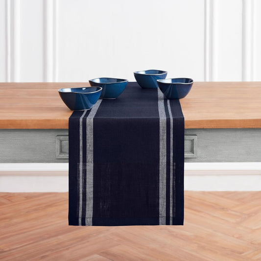 Solino Home Linen Table Runner 120 Inches Long - French Stripe, 100% Pure Linen White and Navy Farmhouse Table Runner 16 x 120 Inch Ideal for Dining