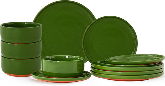 12 Piece Ceramic Dinnerware Set for 4, Modern Minimalist Stoneware Dinner Plates and Bowls, Microwave Safe, Dishwasher Safe, Versatile for All Seasons, Forest Glaze Green