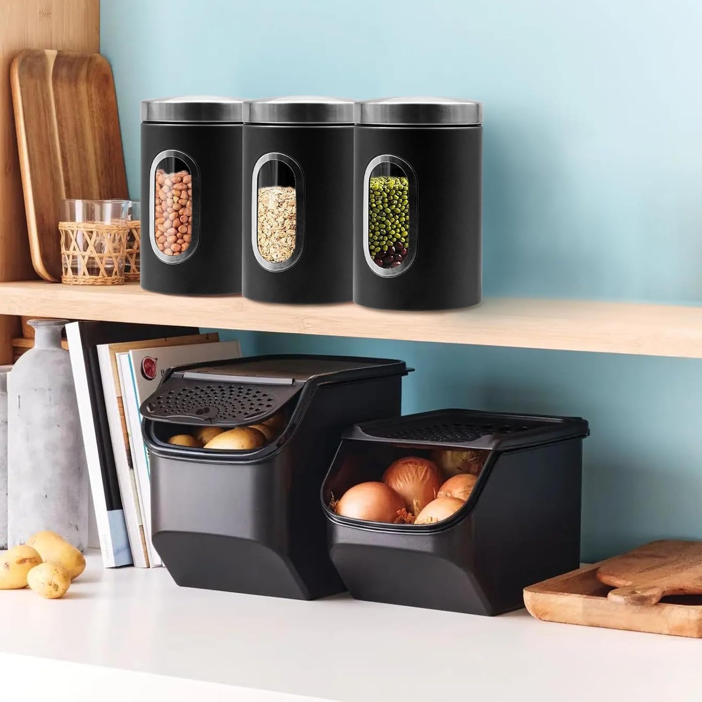 Canisters Sets for the Kitchen, 3pcs Sugar Flour Tea Coffee Storage Jars Stainless Steel Food Container Organizer for Kitchen Counter with Transparent Window (black)