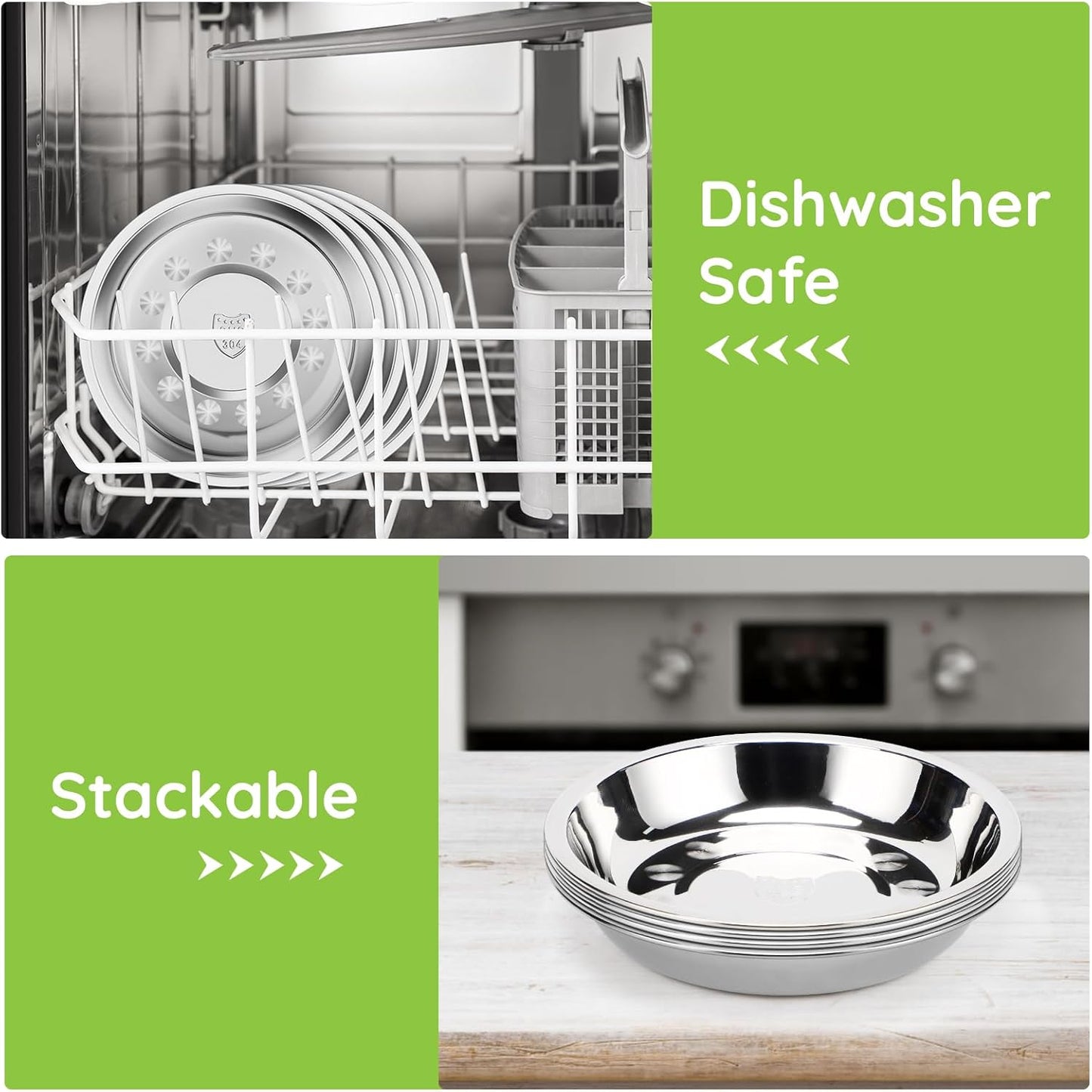 8 Patterned Deep Stainless Steel Plates, 7.8 inch 304(18/8) Metal Camping Plate, Reusable Food Serving Snack Eating Dishes Round Shatterproof Silver BBQ Dinner Dinnerware Oven Dishwasher Safe