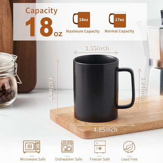 Jassceram Coffee Mugs Set of 6, 18 Ounce Porcelain Mugs for Latte, Hot Tea, Cappuccino, Cocoa and Milk, Ceramic Coffee Cups with Large Handle - Dishwasher & Microwave Safe, Matte Black