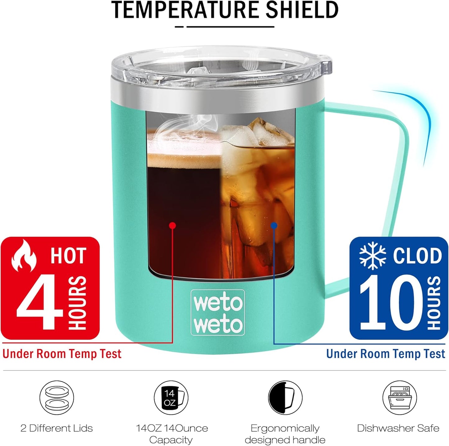 WETOWETO 14 oz Coffee Mug, Vacuum Insulated Camping Mug with Lid, Double Wall Stainless Steel Travel Tumbler Cup, Coffee Mugs Outdoor, Powder Coated Aquifer Blue