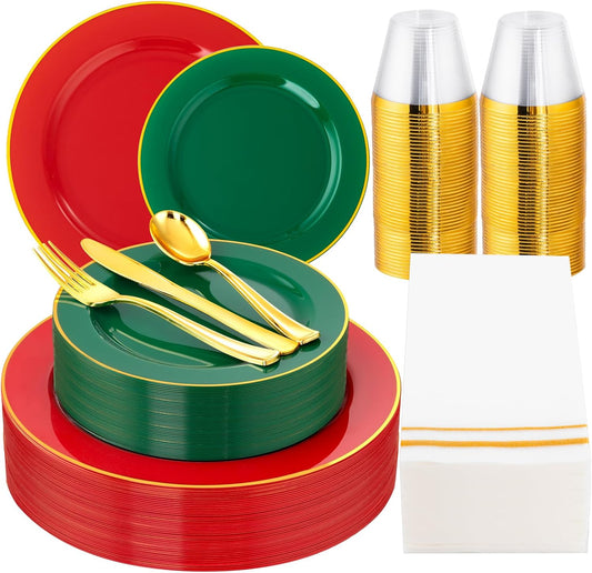 SUT 350pcs Green and Red Plastic Plates For 50 Guests, Plates Disposable Heavy Duty, Plastic Plates Disposable, Party Plates And Cups And Napkins Sets, Disposable Plates for Party and Wedding