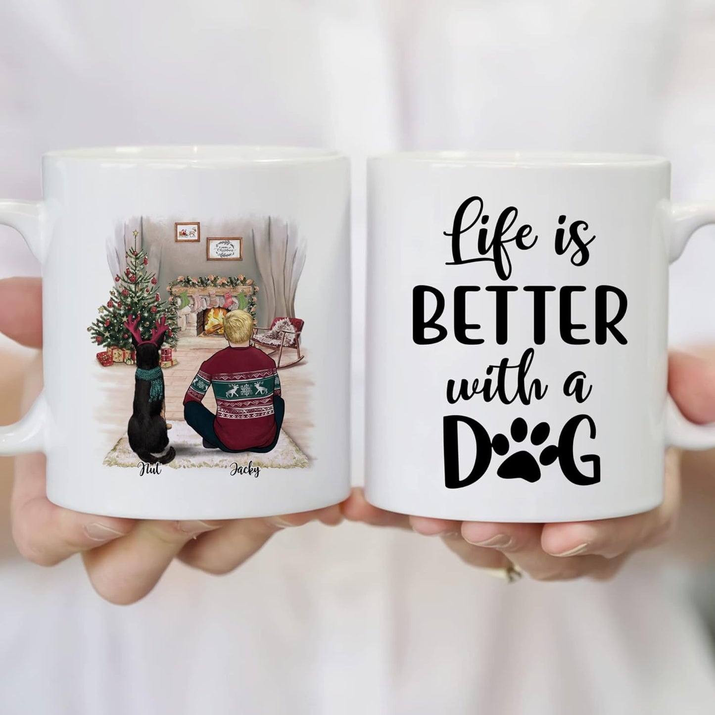 Gossby Personalized Dog Mug - Life is Better with a (Man Dog) White, Two-tone Ceramic Custom Christmas for Dad Gifts Customizable Names, Breeds Xmas - Man & Dog - Life Is Bet