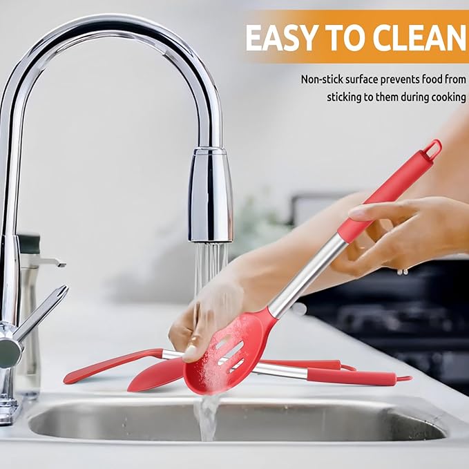 Cooking Utensils Set of 4, E-far Silicone Kitchen Utensils for Non-stick Cookware, Heat Resistant & Non-toxic Slotted Spatula Solid Spoon Turner for Flipping Mixing Serving Basting(Red)