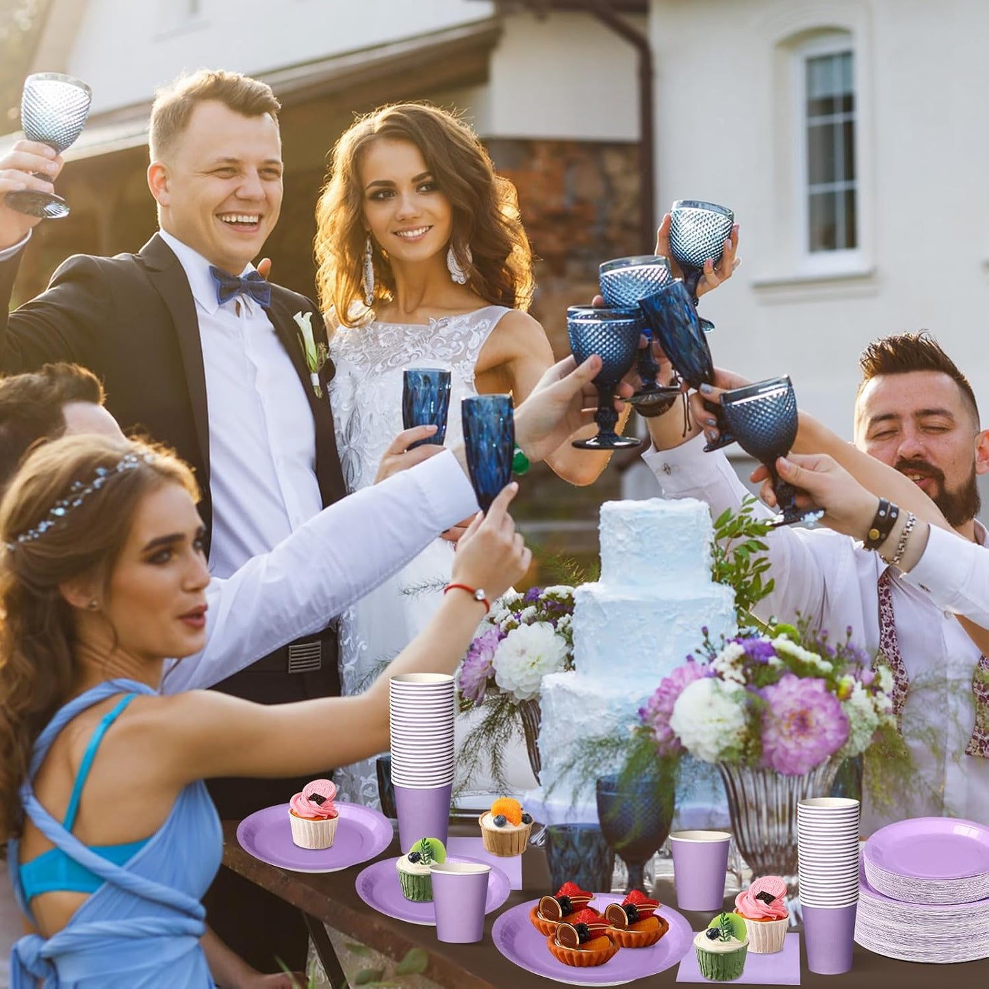 Tioncy 200 Pcs Disposable Paper Plates Cups and Napkins Party Supplies Serve 50 Guests Disposable Paper Dinnerware Set for Halloween Birthday Wedding Baby Shower Family Picnic(Purple)