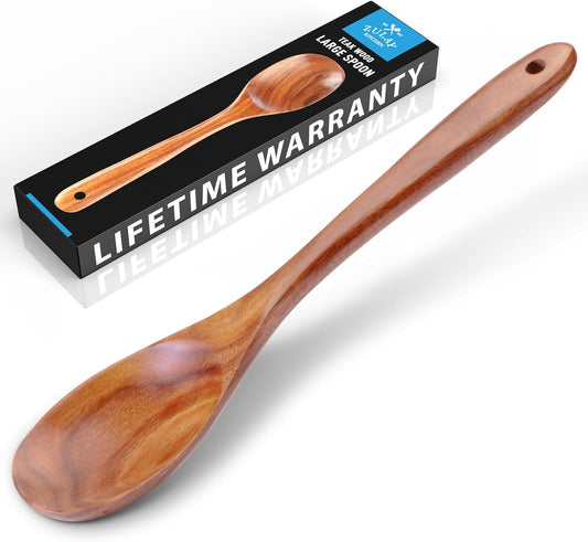 Zulay Kitchen Premium Large Teak Wooden Spoon For Cooking - Durable Wooden Cooking Utensil, Perfect Wooden Kitchen Utensil Set Addition, Smooth Finish Natural Teak Spoon, Non-Stick Wooden Spoon