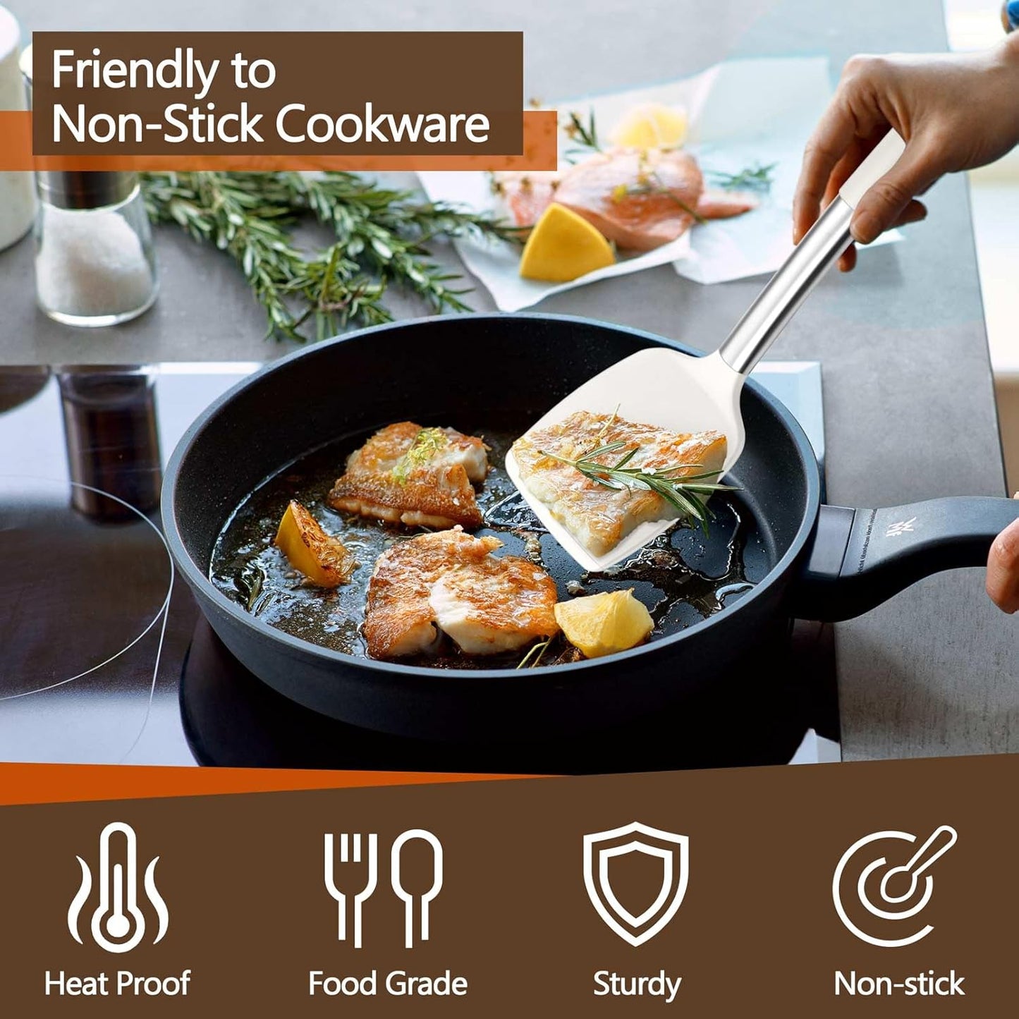 P&P CHEF White Kitchen Cooking Utensil Set of 4, Silicone Solid Spatulas Slotted Spoons Turners for Non-stick Cookware Flipping Mixing, Heat-proof