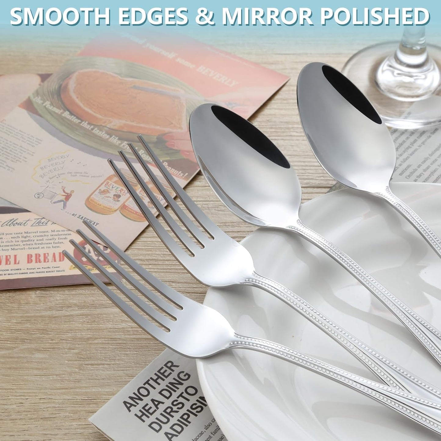 24 PCS Spoons and Forks Set, Food Grade Stainless Steel with Pearl Dot Design Handle Silverware Set, Mirror Polished Dishwasher Safe, Silverware Forks and Spoons for Home or Restaurant