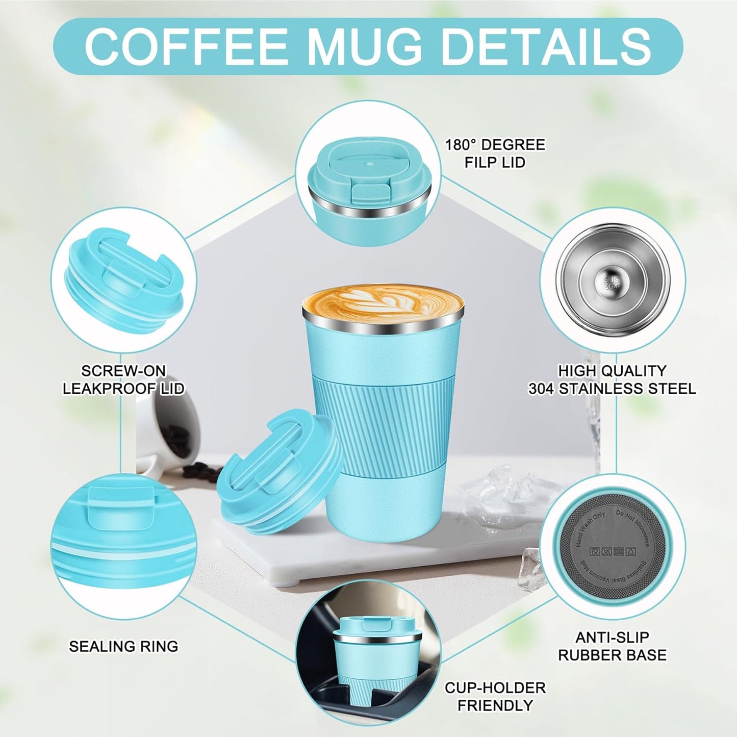 Coffee Travel Mug 12oz Insulated Coffee Mug with Lid Portable Spill-Proof Coffee Travel Mug No Handle Reusable Stainless Steel Mug Keeps Cold and Hot Suitable for Car, Daily, Travel and Gifts