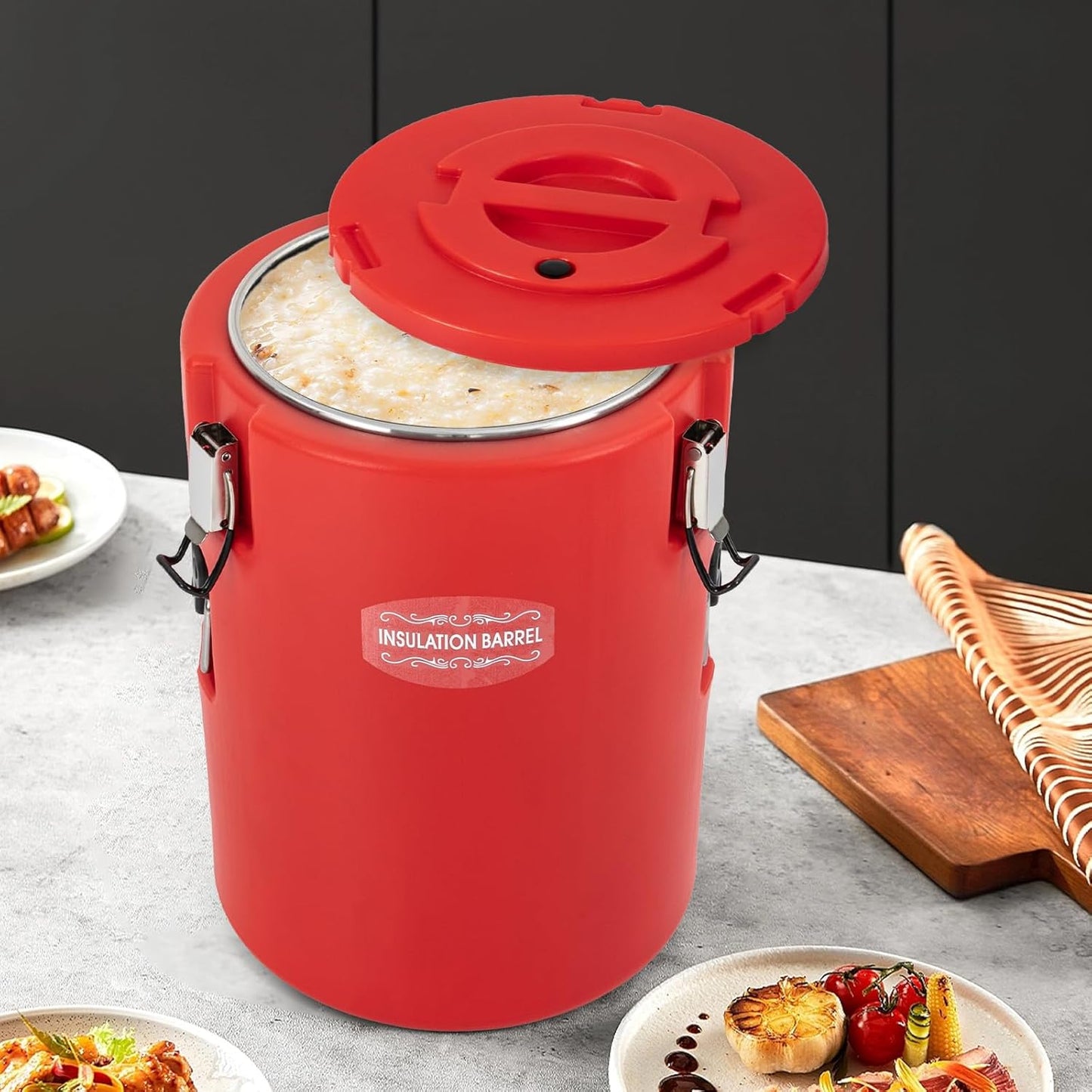 DYNAMI 5.3Gal Insulated Food Container with Handles&Buckles,Portable Commercial Food Warmer Insulated Soup Container Cold Hot Box for Catering,Stainless Steel Inner Liner, Sealed and Leak-proof (Red)