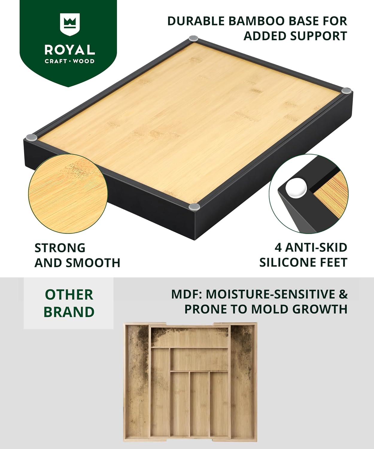 ROYAL CRAFT WOOD Luxury Bamboo Kitchen Drawer Organizer - Silverware Organizer - Utensil Holder and Cutlery Tray with Grooved Drawer Dividers for Flatware and Kitchen Utensils (7 Slot)