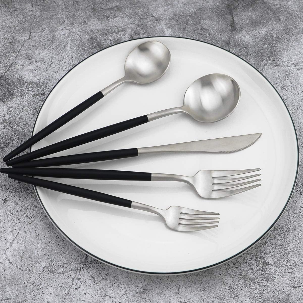 Gugrida 20-Piece 18/10 Stainless Steel Flatware Silverware, Luxury Dinnerware Set Travel Cutlery Tableware Include Knife Fork Spoon Service for 4, Dishwasher Safe (Black Handle Matte Silver)