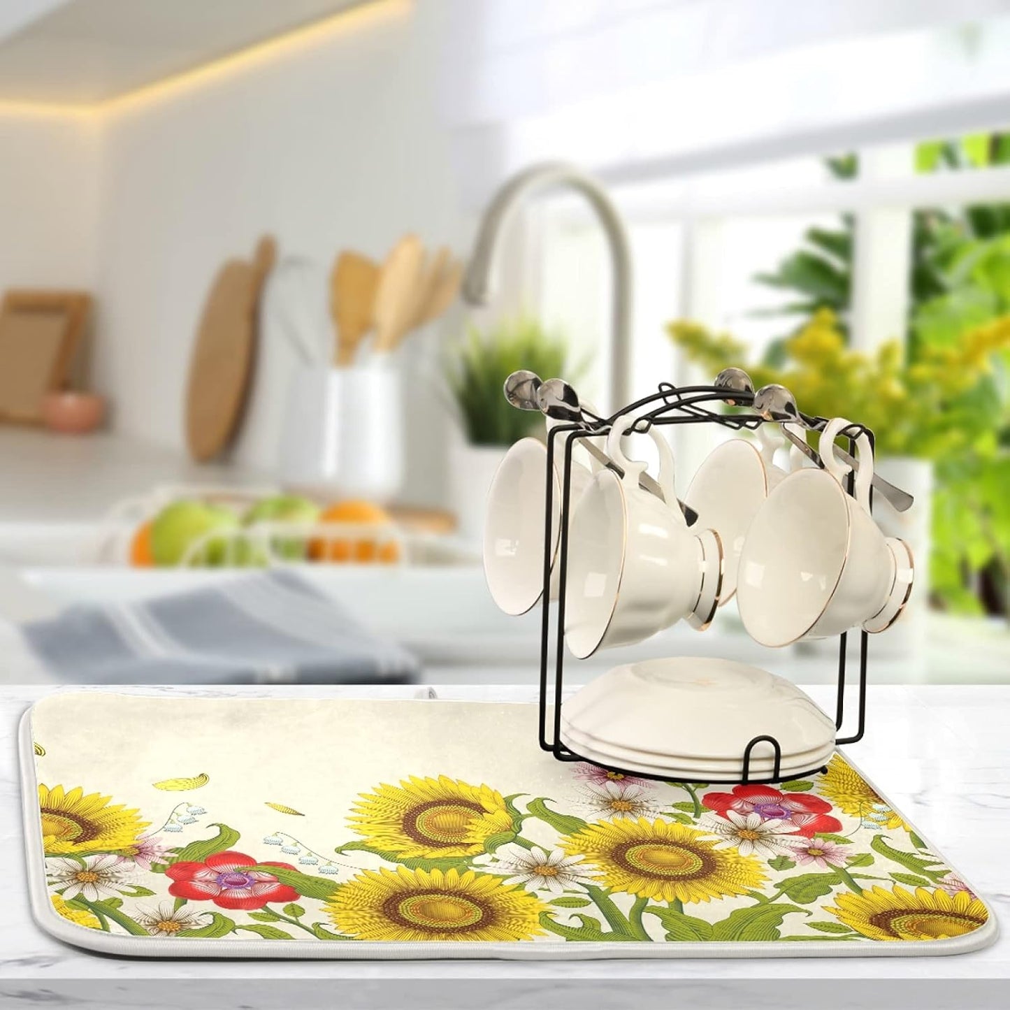 Dish Drying Mat for Kitchen Counter 18 x 24 Inch Decorative Flowers Sunflowers Super Absorbent Microfiber Dish Drainer Rack Mats Soft Heat Resistant Drying Protector Pad