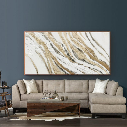 Abstract Canvas Wall Art Large Size Modern Art Paintings Abstract Painting With Golden And White Lines Minimalist Artwork Decor For Living Room Bedroom Corridor Framed 29" X 58"