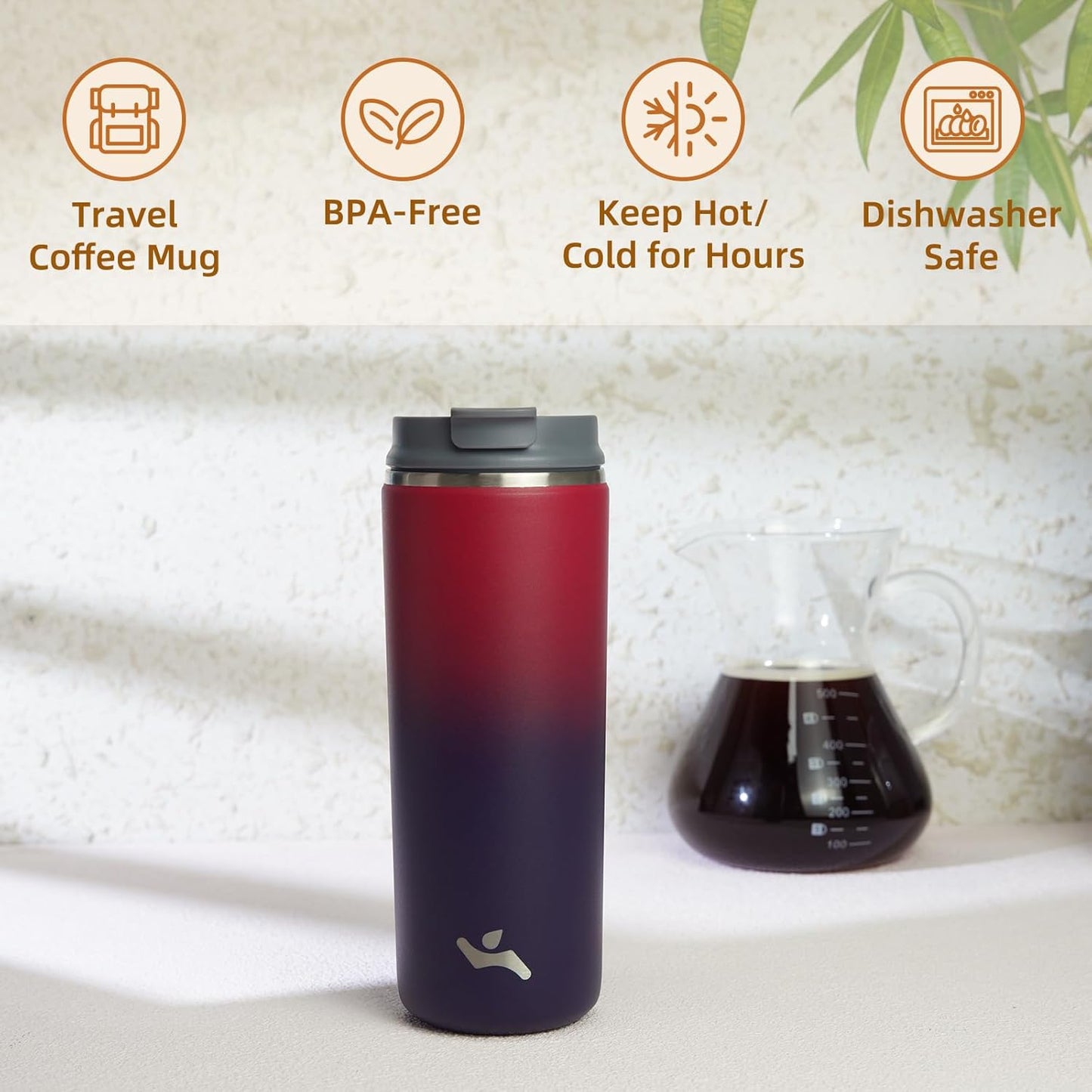 Tumbler with Lid, 16 oz Travel Coffee Mug Double Wall Vacuum Stainless Steel Thermal Metal Cup Insulated Water Bottle,Rosy Red