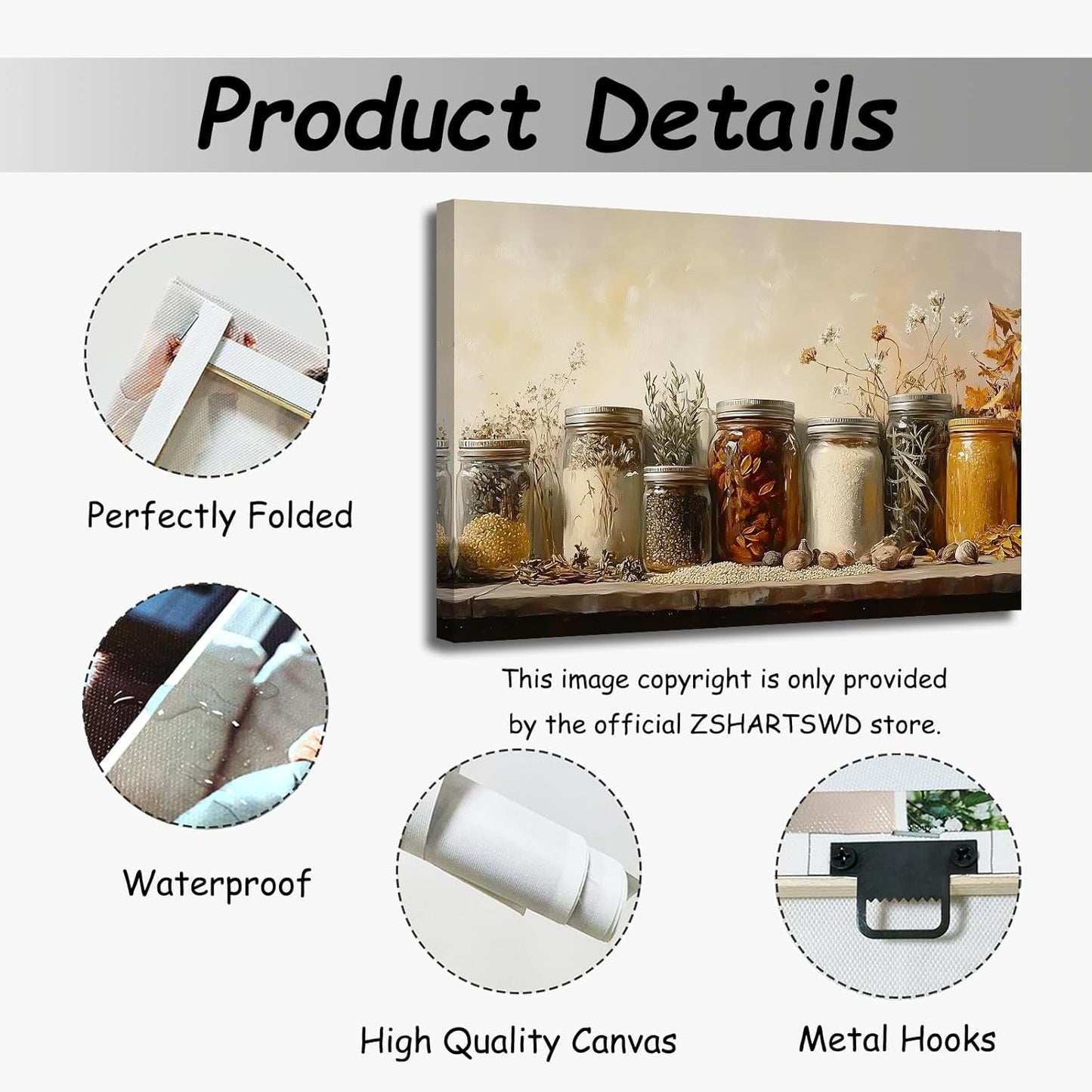 ZSHARTSWD Farm Kitchen Wall Art Country Mason Jar Spice Pictures Still Life Culinary Canvas Print Vintage Spices Food Painting Dining Room Home Decor Framed (Brown, 16.00" x 20.00")