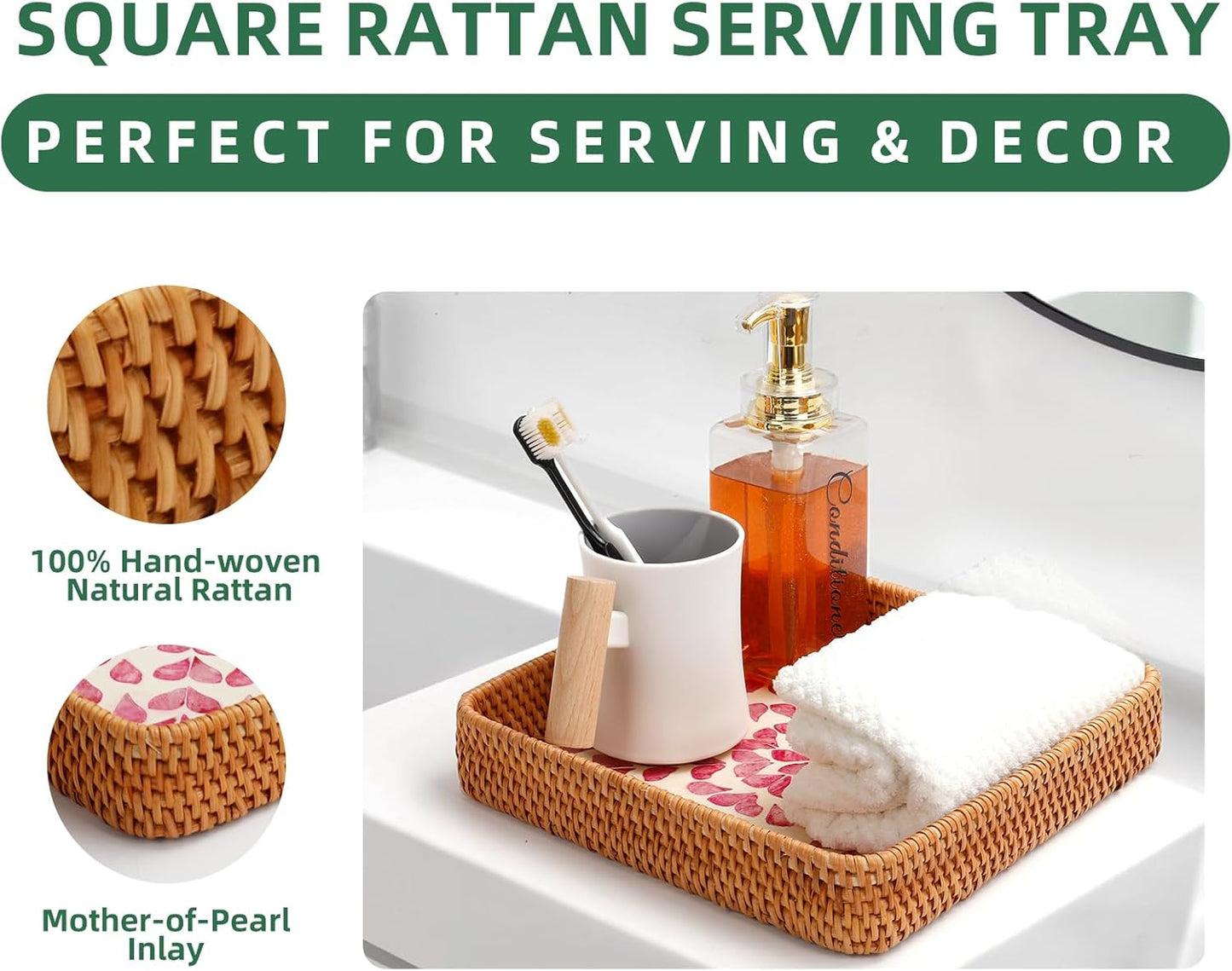 Rattan Tray with Mother of Pearl Inlay, Boho Coffee Table Decor, Decorative Serving Tray, Farmhouse Gift for Living Room & Bathroom