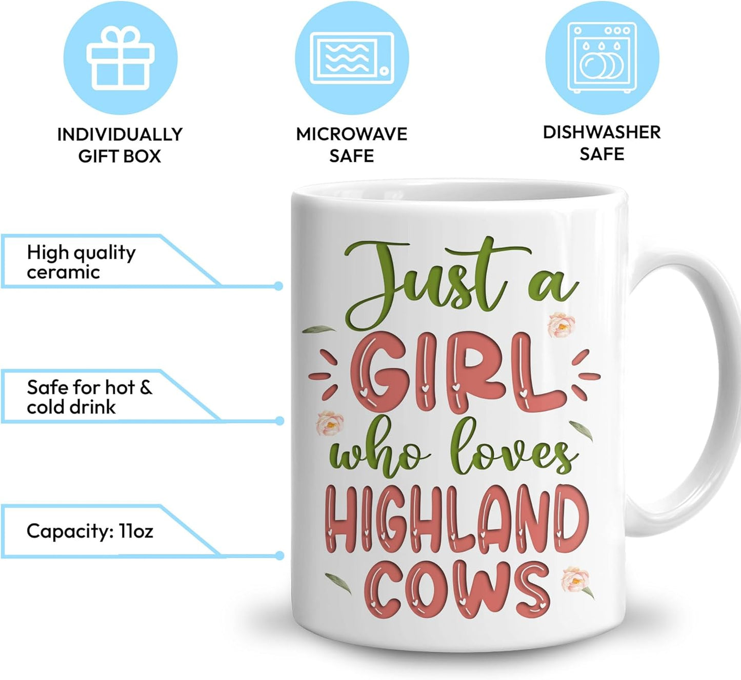Hyturtle Personalized Gifts Highland Cow Lover - Just A Girl Who Loves Highland Cows Custom Name Ceramic Coffee Mug Cup 11oz - Idea Cute Animal Lover Gifts For Women, Girl On Birthday, Christmas