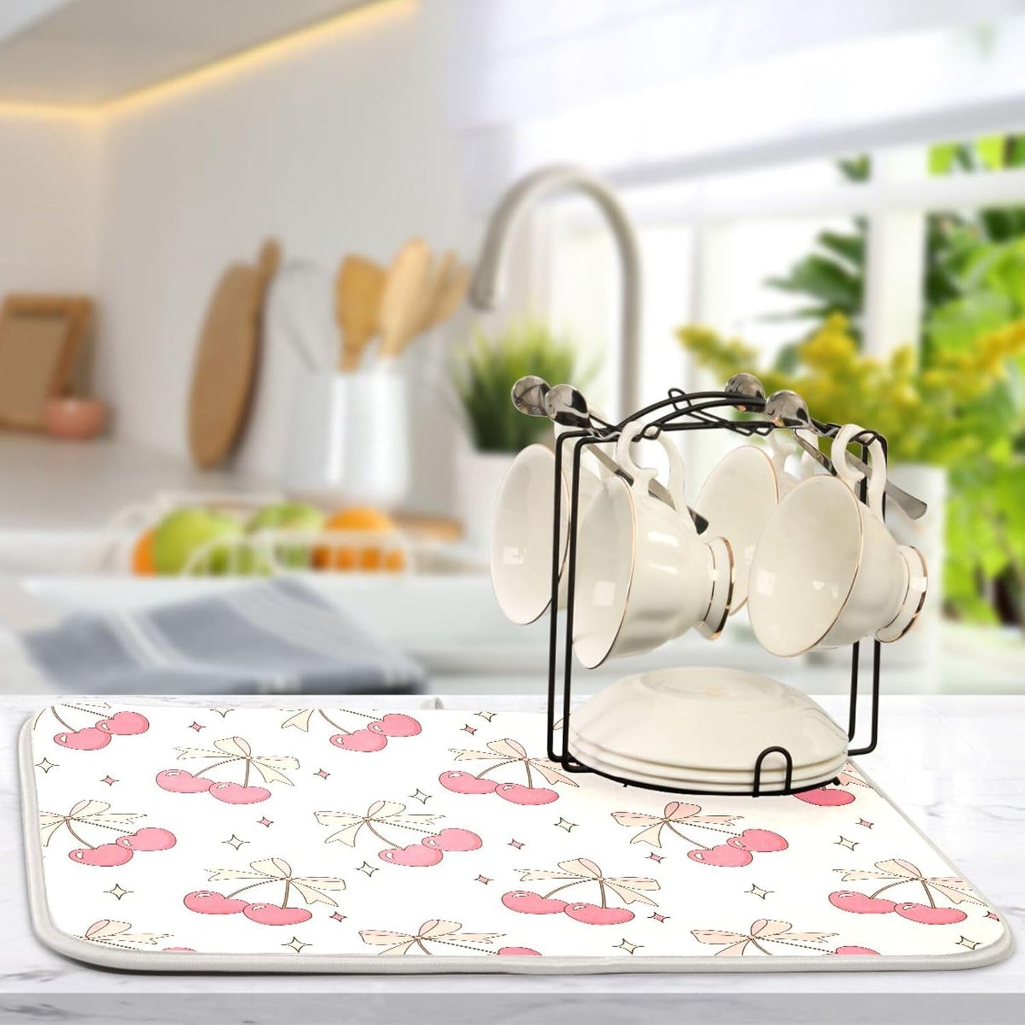Cute Cherry Bow Dish Drying Mat for Kitchen Counter Absorbent Dish Drainer Mats Drying Pads 18"x24"