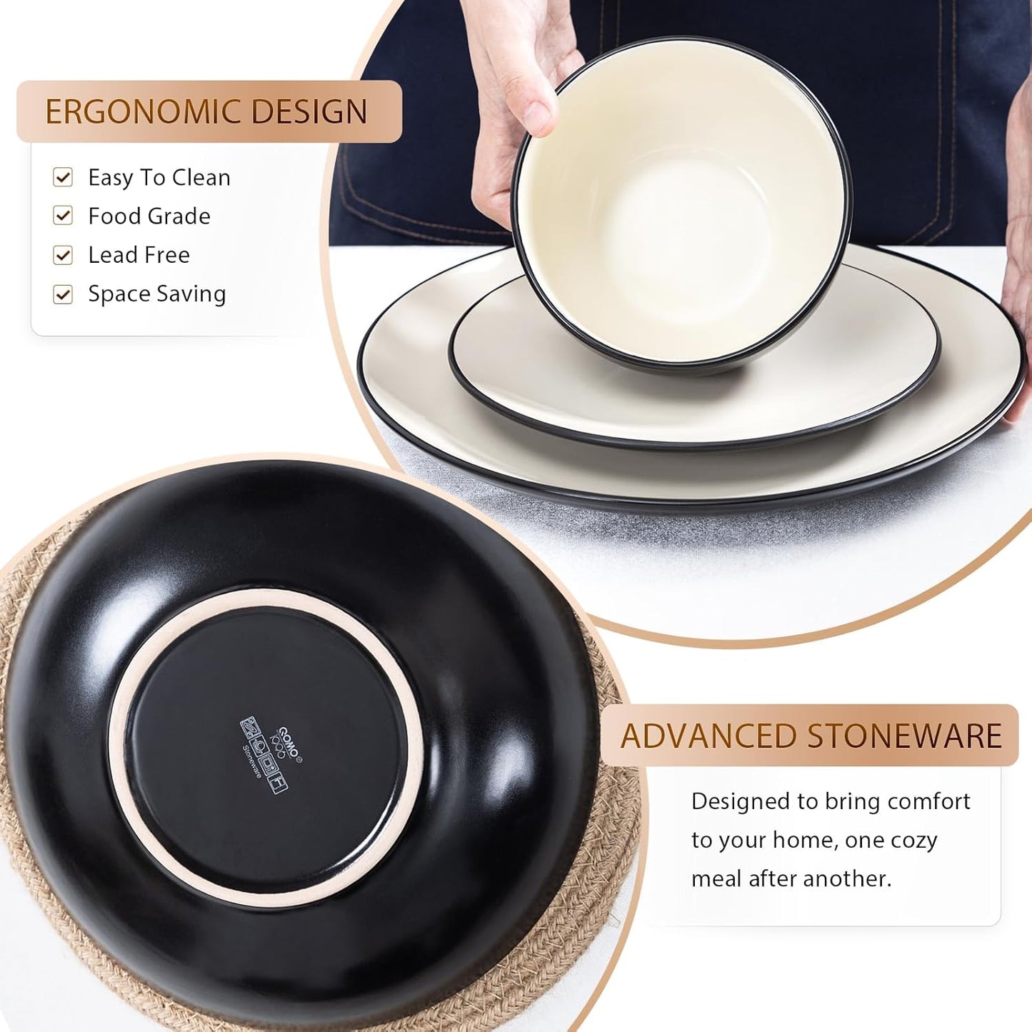 Plates and Bowls Sets for 4 - CJDC-QUELO 16-Piece Stoneware Dinnerware Sets, Ceramic Dishware Set for Indoor Kitchen Use and Formal Dining, Chip and Scratch Resistant Microwave Dishwasher Safe, Ivory