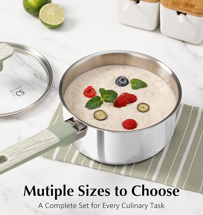 KOCH SYSTEME CS Stainless Steel Sauce Pan Set, 1.5QT & 2QT & 3QT Stainless Steel Pot Set with Lid, Triply Base Sauce Pan Set with Bakelite Handle, Induction Compatible Saucepans, Easy to Clean, 6 PCS