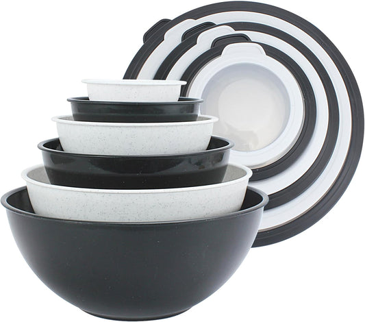 COOK WITH COLOR Mixing Bowls with TPR Lids - 12 Piece Plastic Nesting Bowls Set includes 6 Prep Bowls and 6 Lids, Microwave Safe Mixing Bowl Set (Black and White)