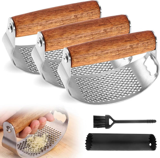 Stainless Steel Garlic Presser, Upgraded Garlic Press Rocker with Peeler and Cleaning Brush, Ergonomic Handle for Cooking Enthusiasts (3 pcs)