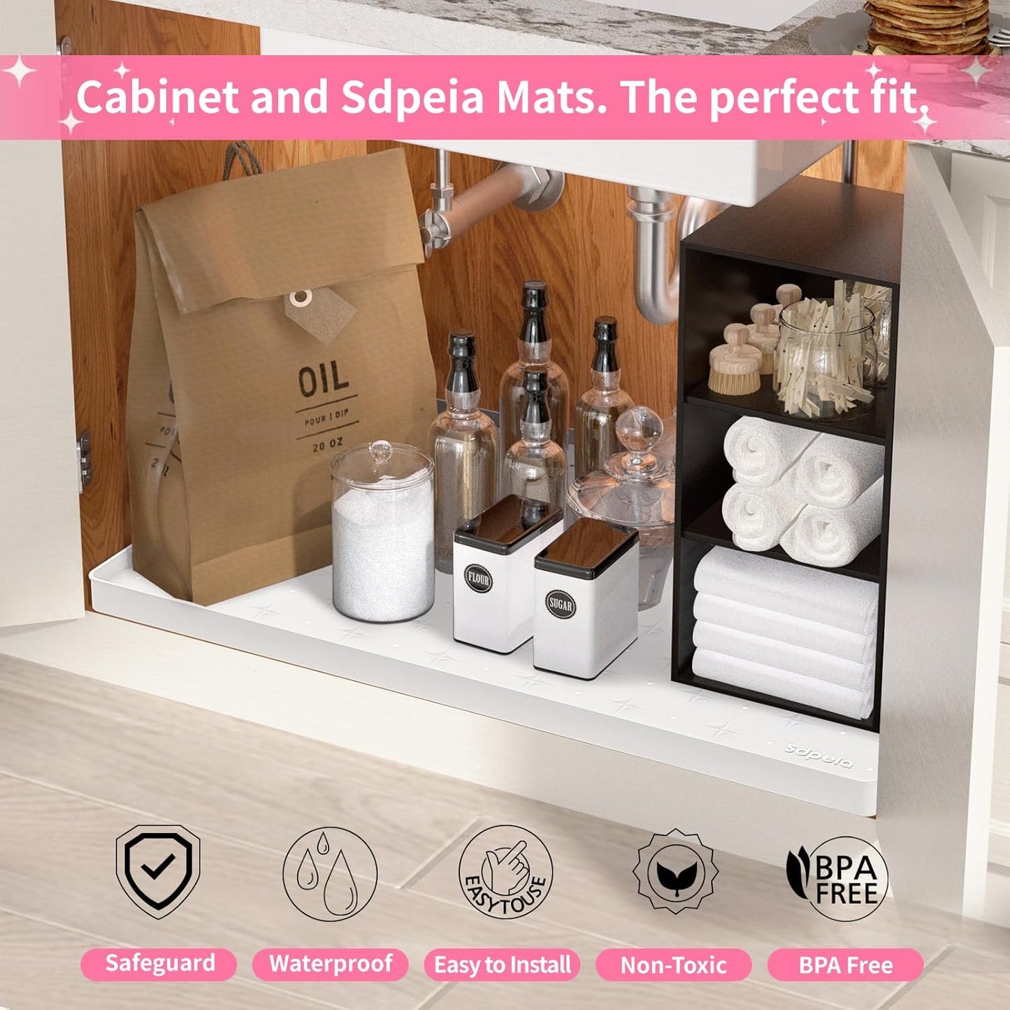 Sdpeia Under Sink Mat 34"×22" – Waterproof Silicone Cabinet Liner & Sink Protector for Kitchen & Bathroom, Multi-Purpose Organizers Tray for Pets, Laundry, Cat Litter Mat, White