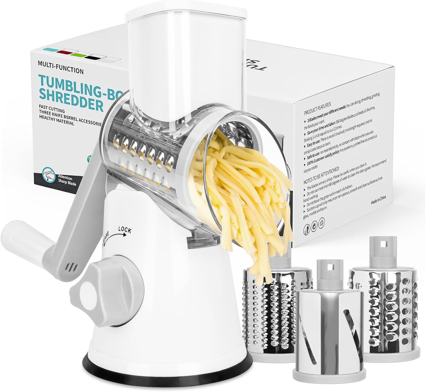 X Home Rotary Cheese Grater for Kitchen, Shredder with 3 Interchangeable Blades, Rotary Grater with Handle and Strong Suction Base, for Vegetables, Fruit, Nuts, Easy to Use and Clean, White