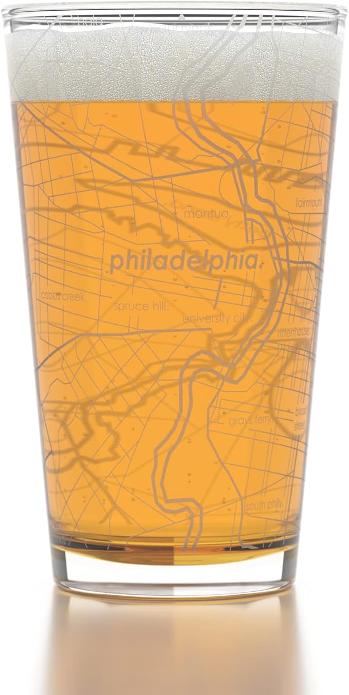 Well Told Engraved Philadelphia Pennsylvania Map Pint Glass, Etched Beer Gift (16 oz, Clear) City Map Pint, Custom City Glassware, Gifts For Beer Lovers