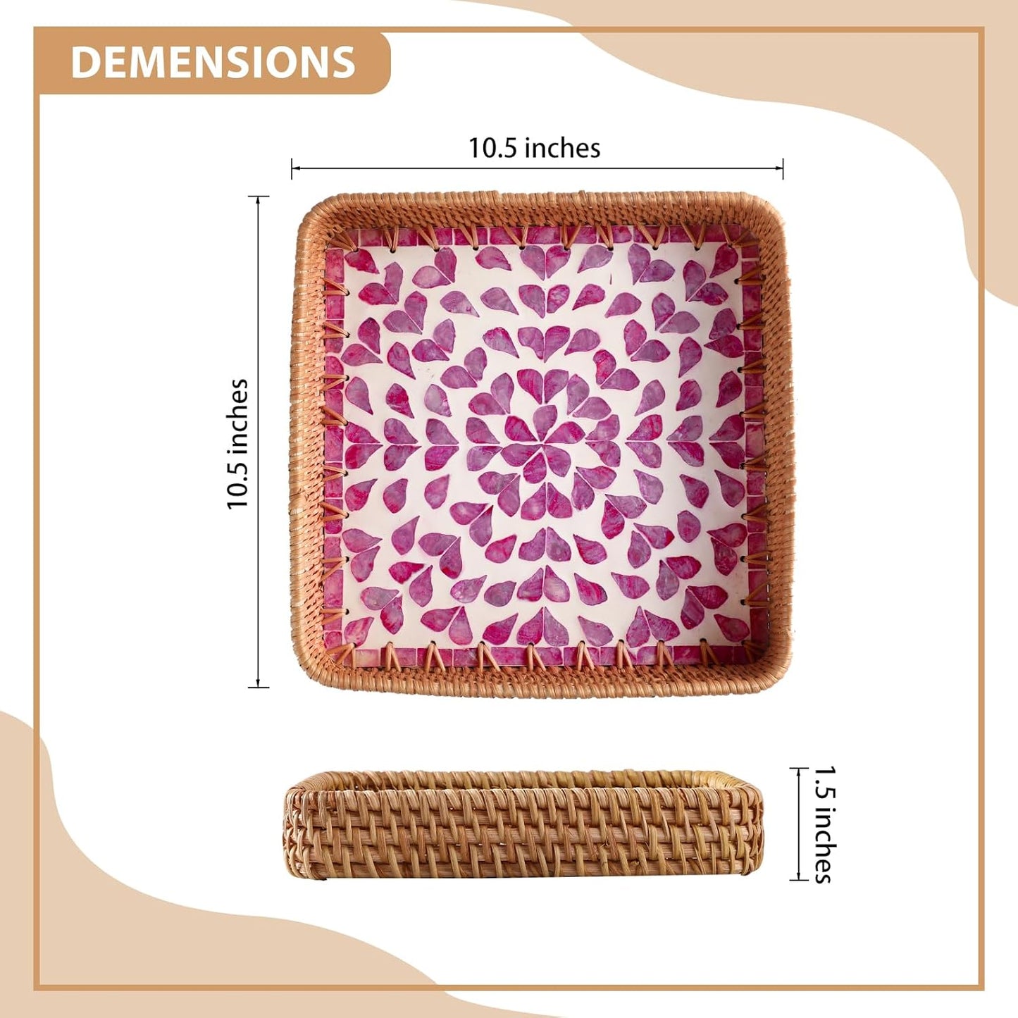 Rattan Tray with Mother of Pearl Inlay, Boho Coffee Table Decor, Decorative Serving Tray, Farmhouse Gift for Living Room & Bathroom