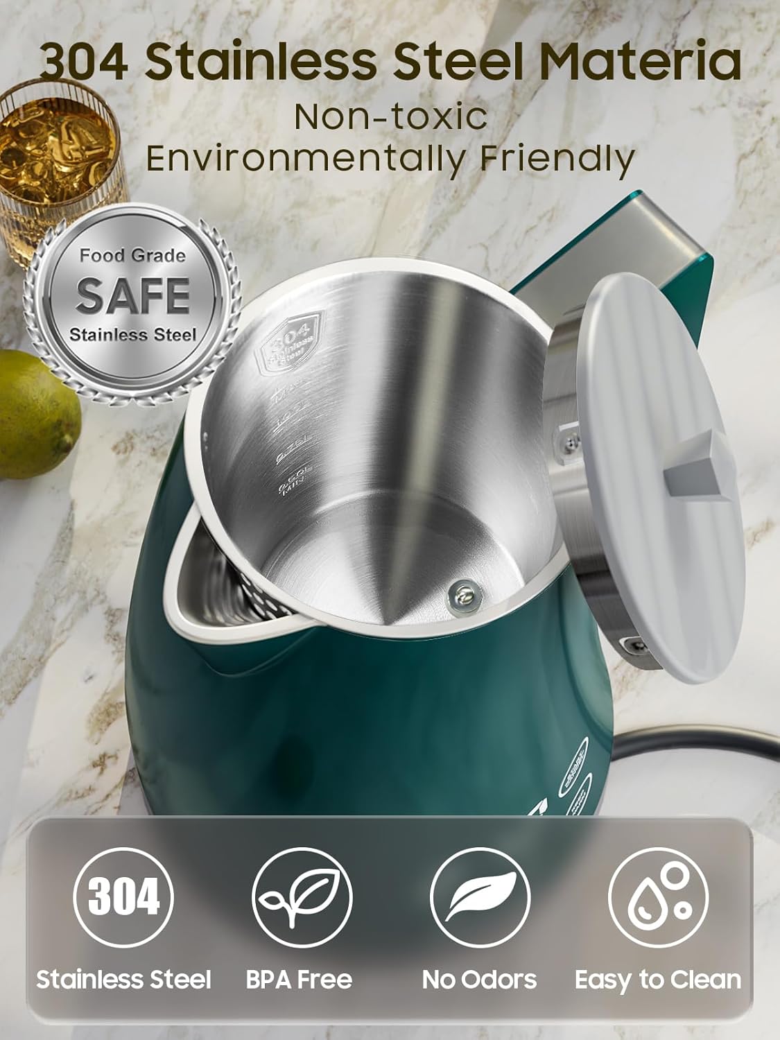 Temperature Control Electric Kettle, 5 Temp Presets, 2H Keep Warm,1.25L 1200W Fast Boil with LED Display, Cool-Touch Design with Auto Shut-Off, Cordless Design, Ideal for Tea and Coffee(Green）
