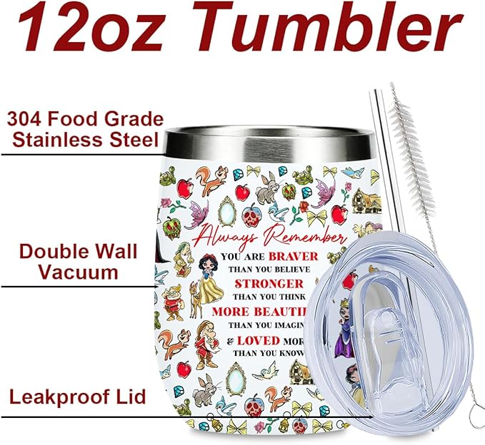 Magical Cute Wine Tumbler, Inspired Character Christmas Birthday Gifts for Women Girls Magic Inspirational Encouragement Gifts Coffee Cup Insulated Stainless Steel 12oz Wine Glass with Lid, Straw