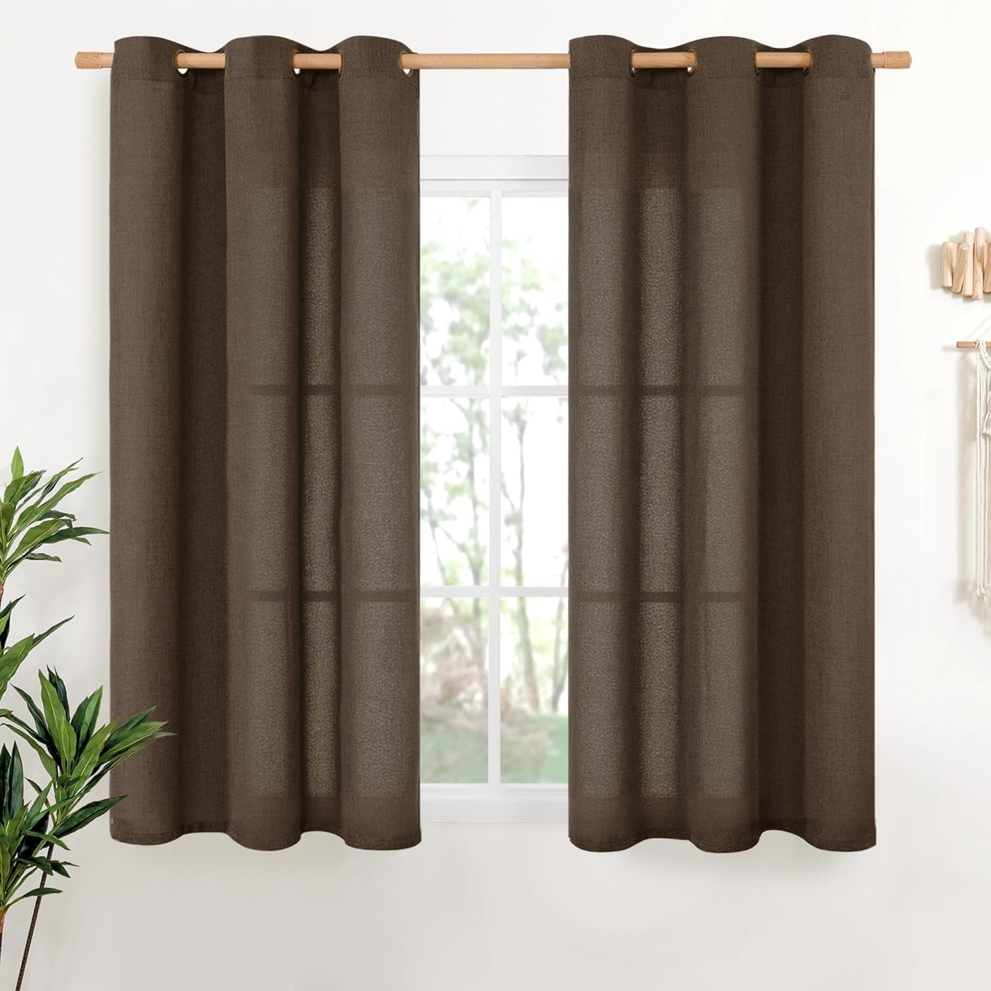 YoungsTex Brown Linen Curtains 48 Inch Length for Living Room Window, Light Filtering Drapes Semi Sheer with Bronze Grommet Privacy for Kitchen Bedroom, 42 x 48 Inch, 2 Panels