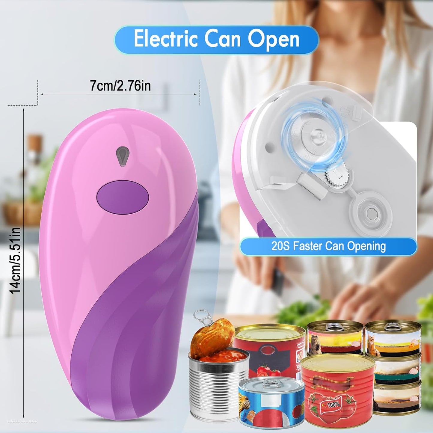 HuiJuKeJi Electric Can Opener, Rechargeable Automatic Can Opener for Seniors with Arthritis, One-Touch Hands-Free Can Opener for Almost Can Sizes, Smooth Edge & Food-Safe Kitchen Gadgets-Purple