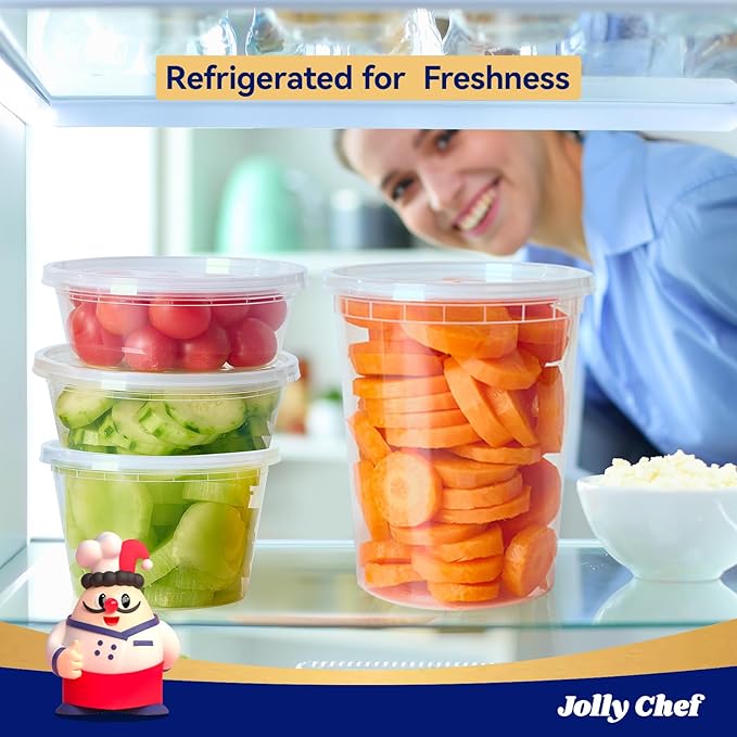 JOLLY CHEF Deli Food Storage Containers with Lids: [48 Sets 3 Sizes] 8 oz, 16 oz, 32 oz Plastic Soup Containers, BPA-free, leak-proof, Takeout Meal Prep Storage