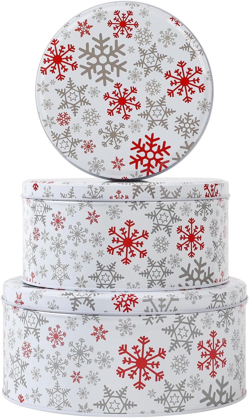 Cookie Tins Round Storage Tins for Christmas Gift Giving, Extra Thick Metal - Large, Medium and Small Sizes (6)