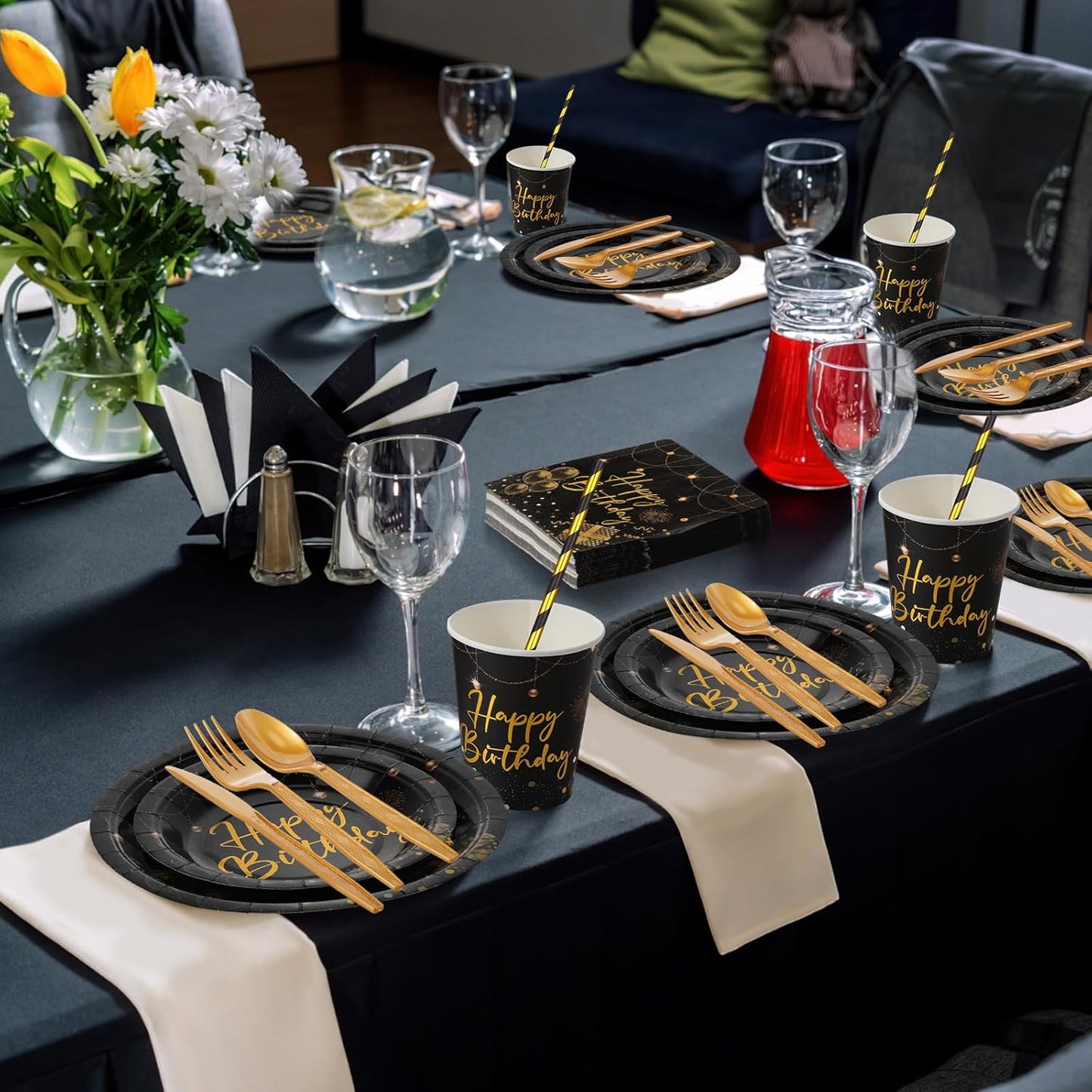 Sawysine 202 Pcs Black and Gold Happy Birthday Party Supplies Disposable Dinnerware Set 50 Plates 25 Cups 25 Napkins 25 Plastic Forks 25 Knives 25 Spoons 25 Straw Flag Tablecloth to Serve 25 Guests