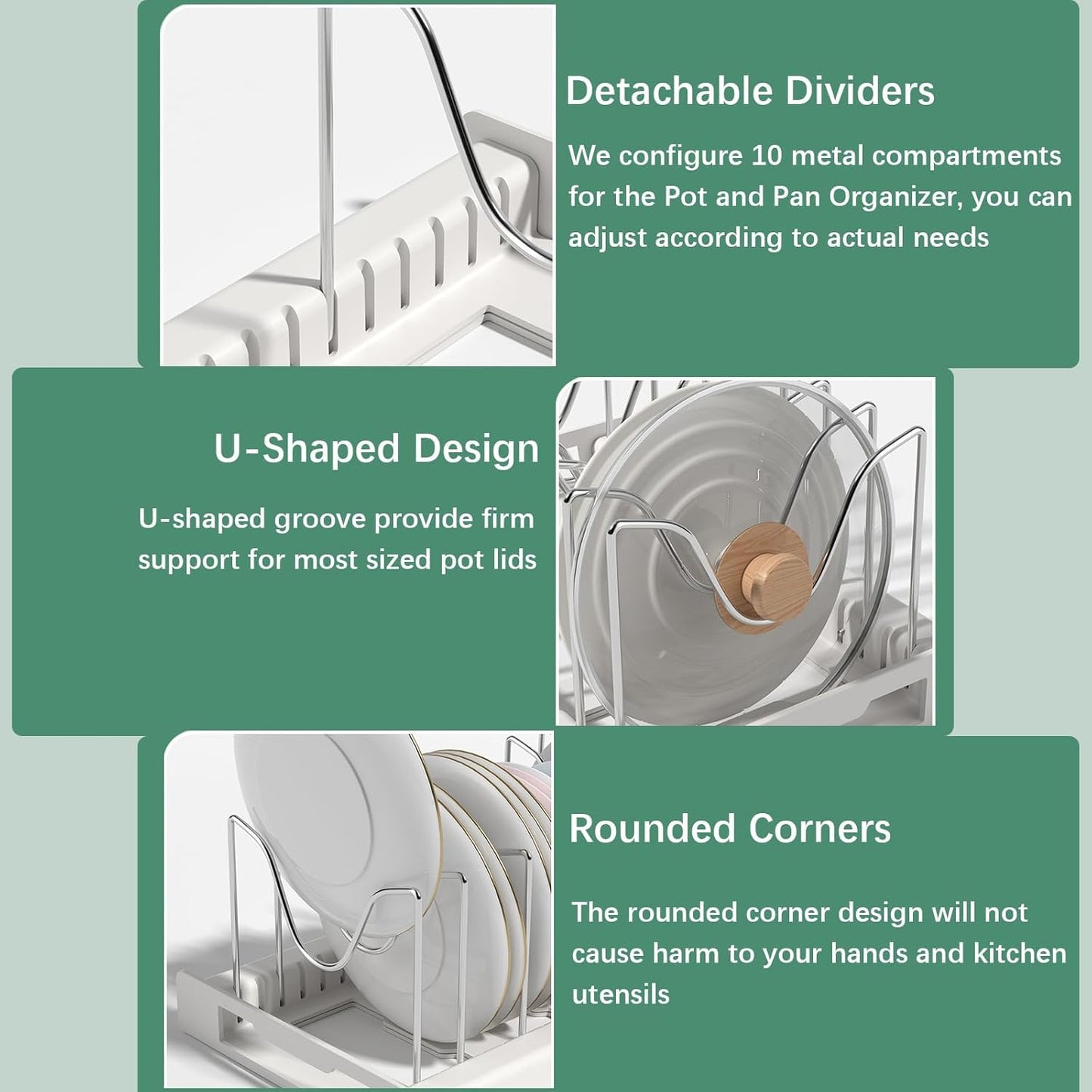 2 Pcs Pot and Pan Organizer, Expandable Pots and Pans Organizer Under Cabinet, Pot Lid Holder with 10 Adjustable Compartment for Bakeware, Cutting Boards, Lid, Dishes, Cookware (2 Pcs)