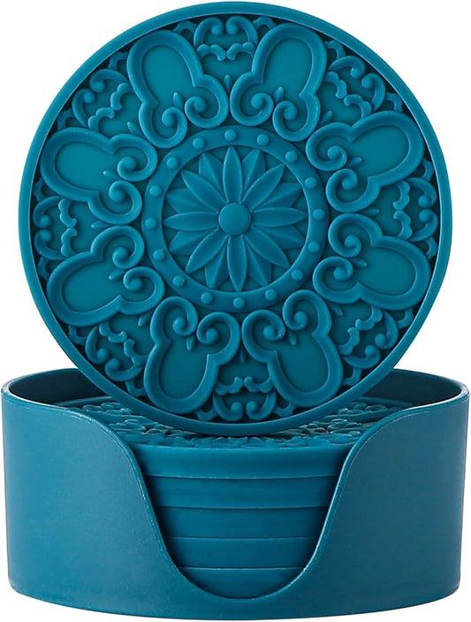 Colinda Silicone Coasters - Set of 6 with Holder, Non-Slip Cup Mats for Hot and Cold Drinks, Decorative Designs, Gift Ready Packaging,Teal