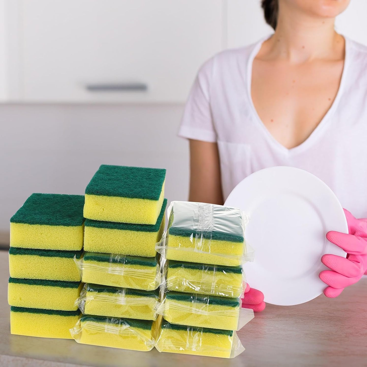 200 Pcs Individually Wrapped Sponges, Uncompressed Non Scratch Scrouing Sponges for Household Cleaning Dishes Kitchen Airbnb Apartment Car Bike Green