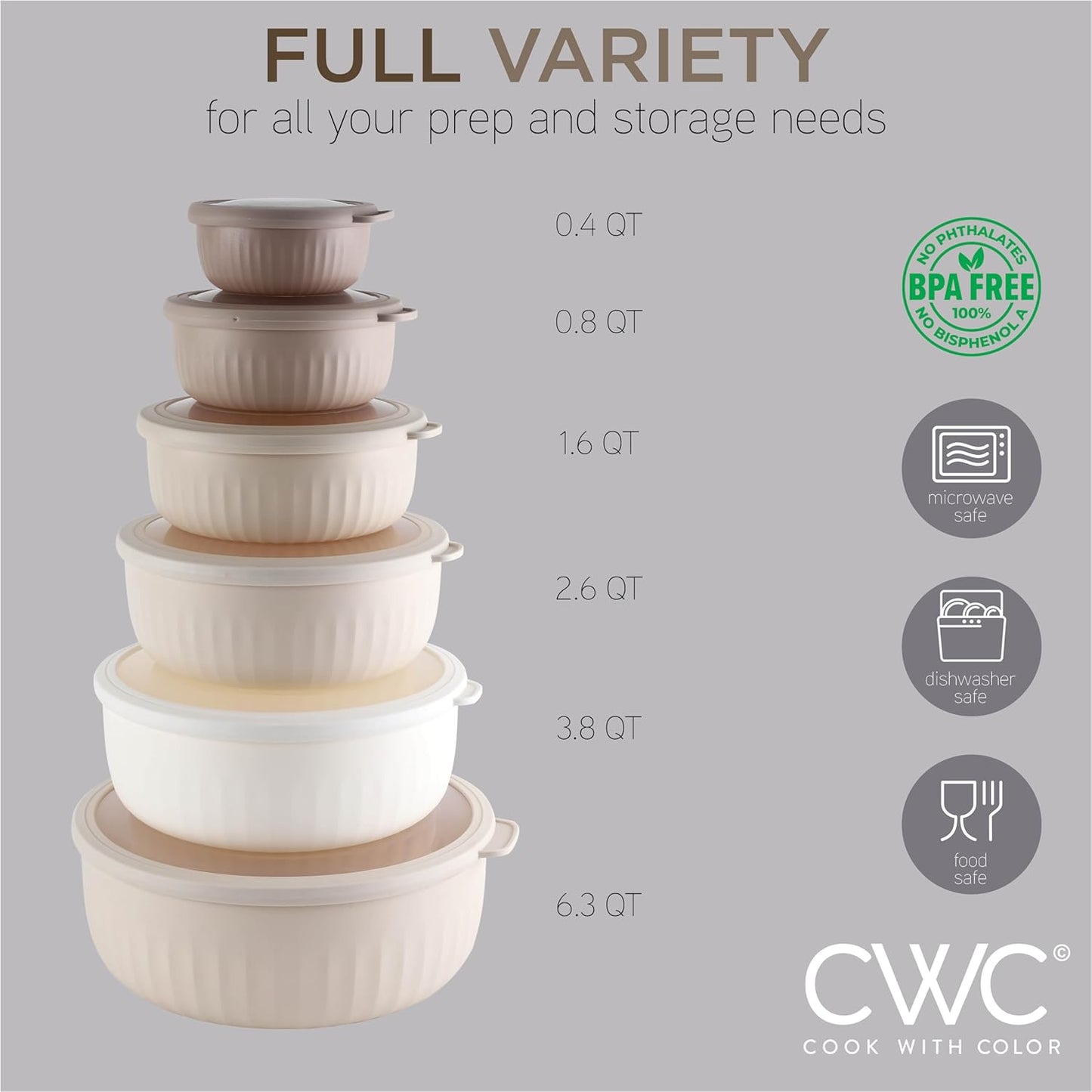 COOK WITH COLOR Prep Bowls with Lids- Wide and Deep Nesting Plastic Small Mixing Bowl Set with Lids, 12 Piece Set - Wide Bowls, Brown