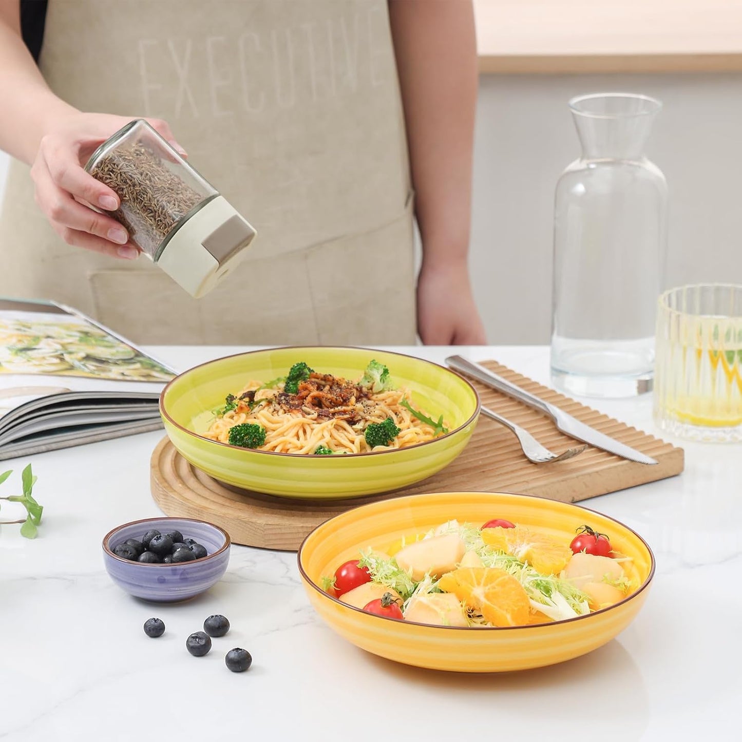 KitchenTour Pasta Bowls, Ceramic Salad Bowls Serving Bowl Set 26 oz, 8 Inch Colorful Porcelain Wide and Shallow Bowls Set - Dishwasher and Microwave Safe - Set of 6