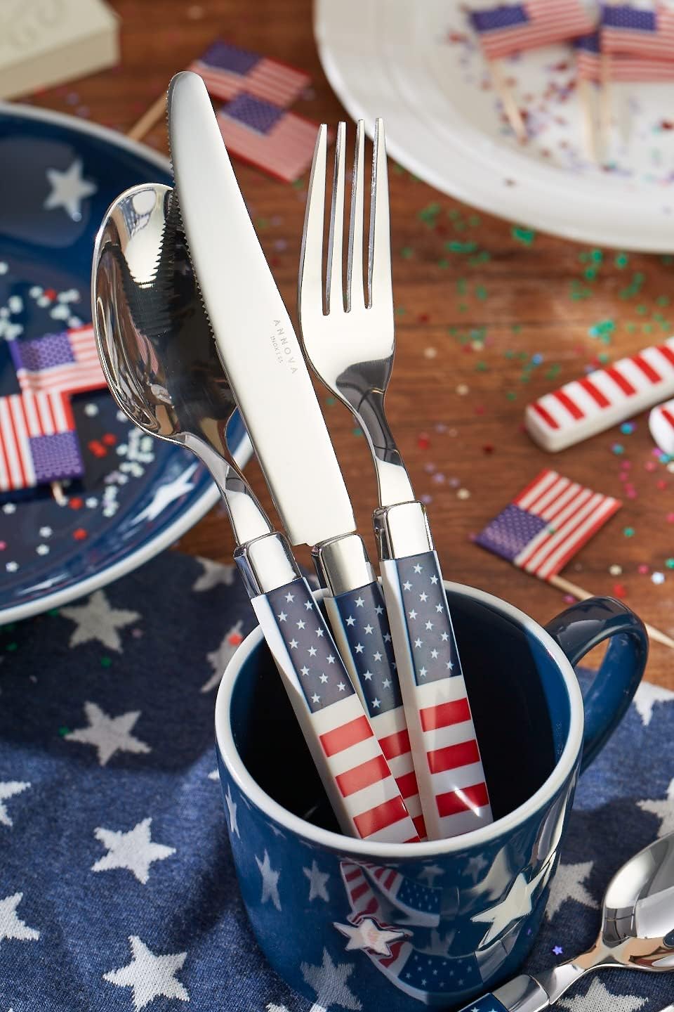 ANNOVA Silverware Set Stainless Steel Colorful Tableware Kitchen Flatware Set Utensils, Includes Dinner Knives, Forks, Spoons, Salad Forks & Dessert Spoons (US Flag, 20 Pieces)